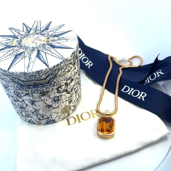 Dior Gold Plated 20" Necklace with Orange Crystal Pendant - Picture 1 of 9